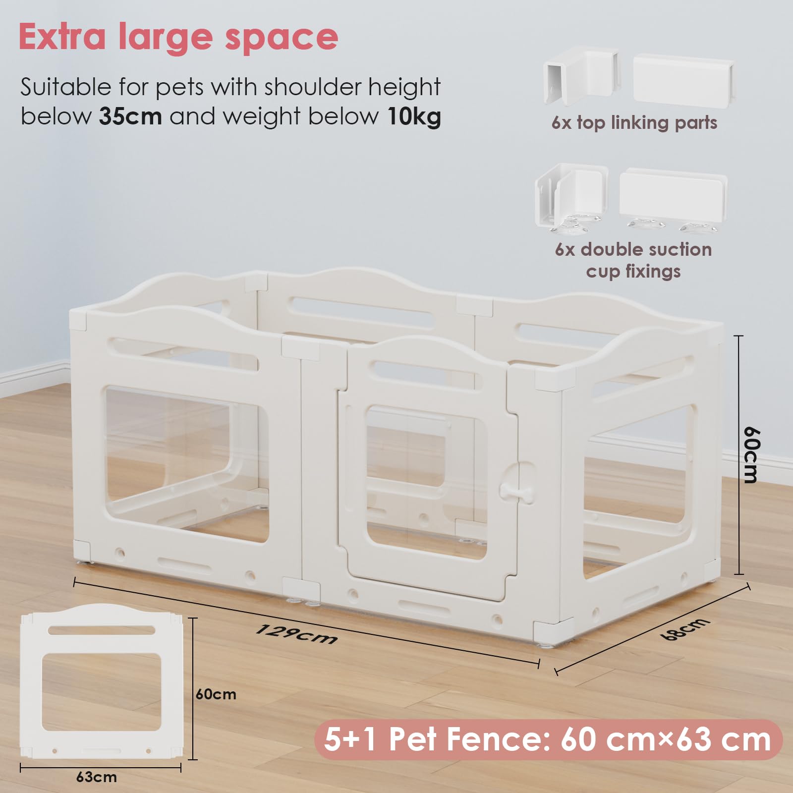 Clevich Parque para Perros de Interior Acrílico 129 × 68 × 60 cm, 5 PCS +1 Paneles con Puerta, Vallas para Perros sin Rejas, Plegable con Ventosas, Transparente Corralito para Perrospara, Blanco