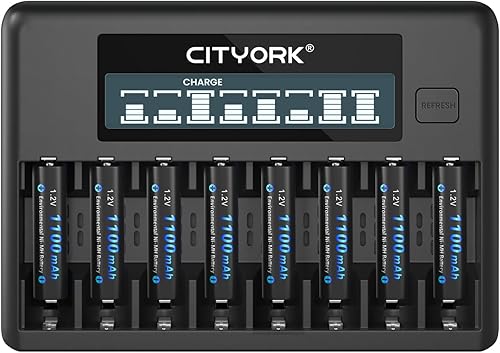 Baterías AAA recargables con cargador, cargador de batería AA AAA de 8 bahías, pantalla LCD inteligente para baterías recargables AA AAA de 1.2 V