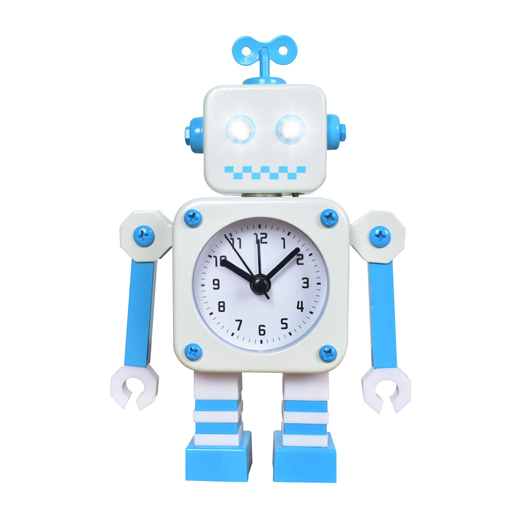 Diskary Robot Alarm Clock,Stainless Metal Non-Ticking Wake-up Clock with Flashing Eye Lights and Rotating Arm,Gift to Children (White Blue)