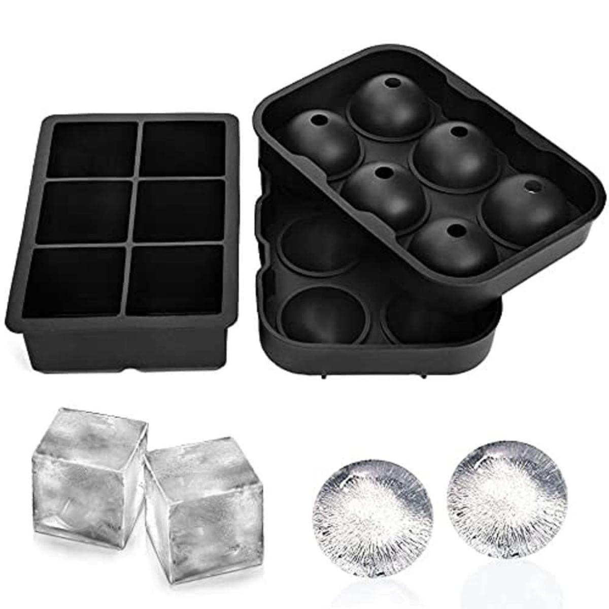 Nicoman Easy-Release Silicone Ice Cube Mould with Spill-Resistant Lids, Combo Giant Ice Ball & Ice Cube, Suitable for Whiskey Wine or Any Drink, (Set of 2) Black