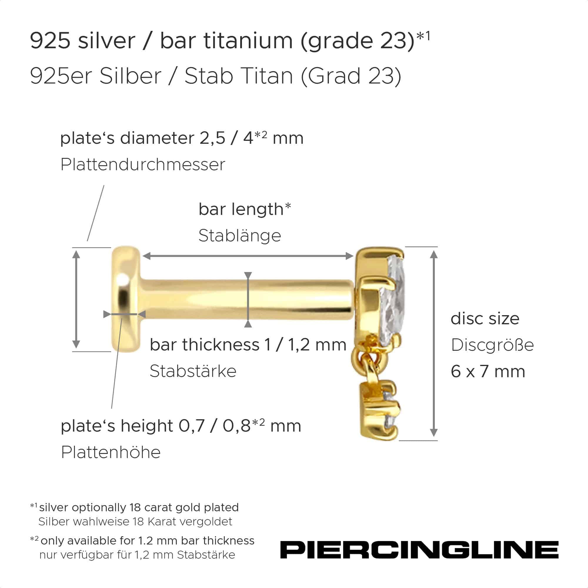 PIERCINGLINE Piercing Stecker Titan Labret mit Innengewinde + 925er Silber Aufsatz MOISSANIT-LOTUSBLÜTE - Goldfarben, Silberfarben