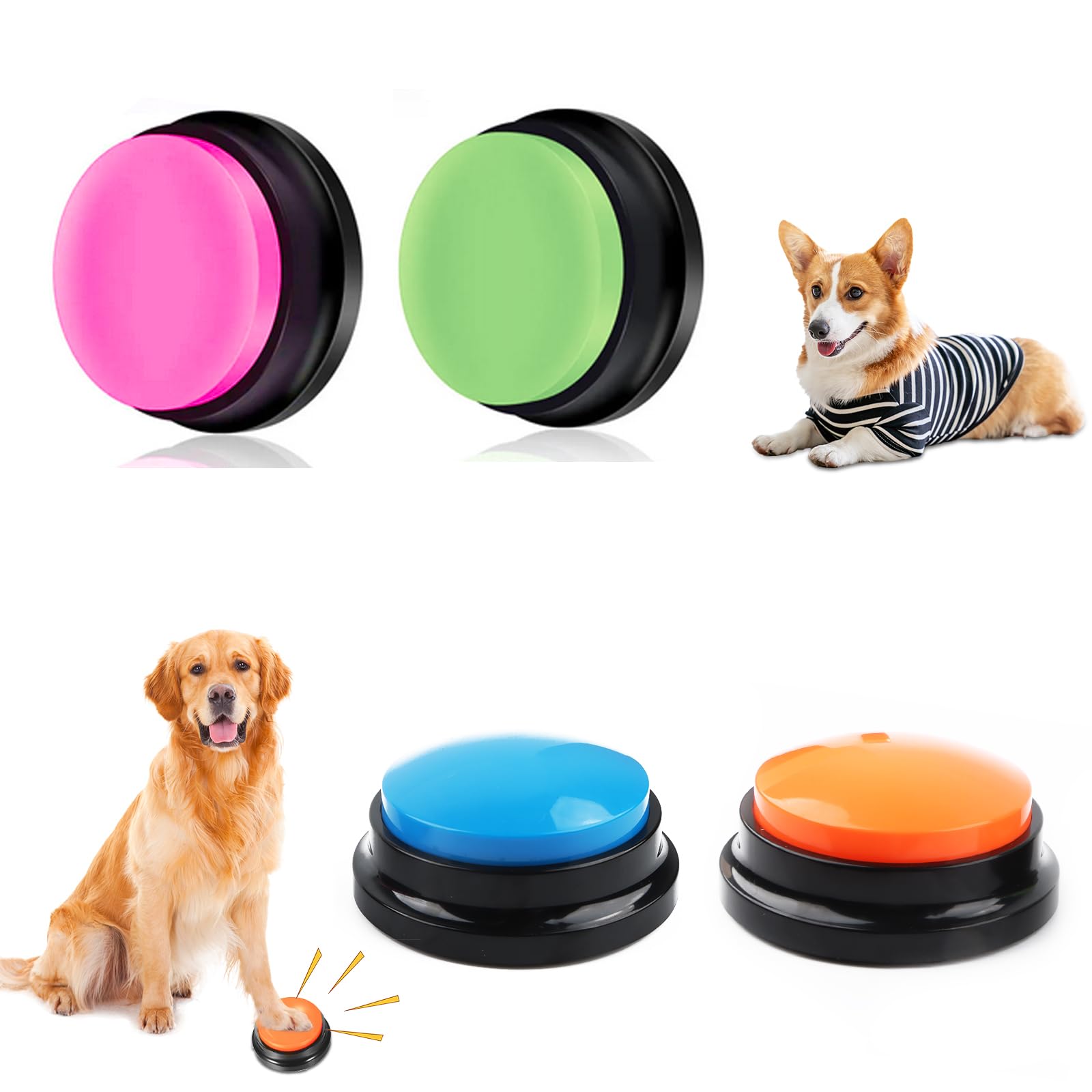 Byffoer Buzzer Mit Aufnahmefunktion, 4 Stück Farbigen Buzzer Mit Sound, Hunde Buttons Zum Sprechen Buzzer Hund Aufnahmefähige Tasten Für Hund Interaktion Dog Buttons Intelligenzspielzeug Für Hunde