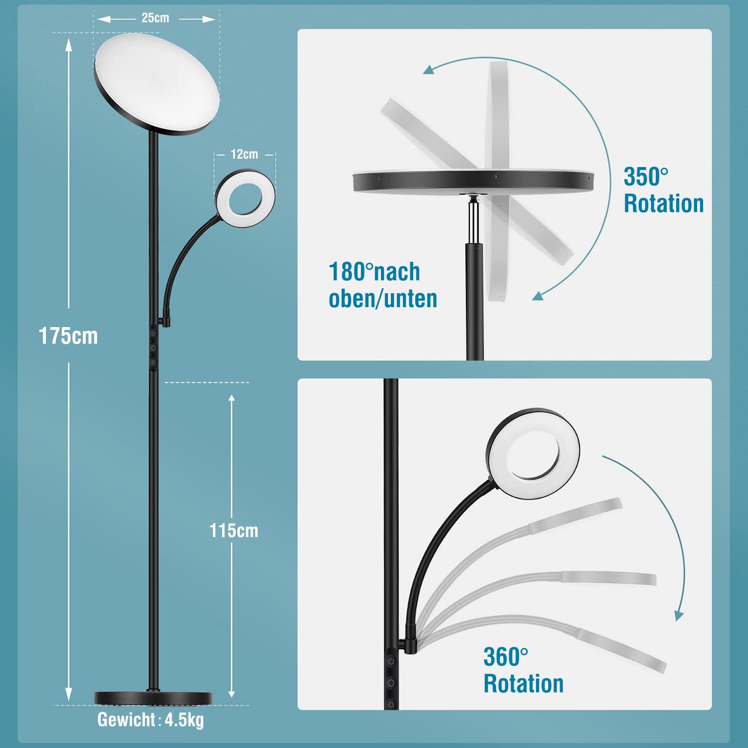 Yikuneng 42W Lámpara de Pie Regulable, LED Lámpara de Pie Salon 4500LM Súper Brillantecon con Lámpara de Lectura, control remoto y control táctil Lámpara Alta para Salon de Estar Dormitorio Oficina