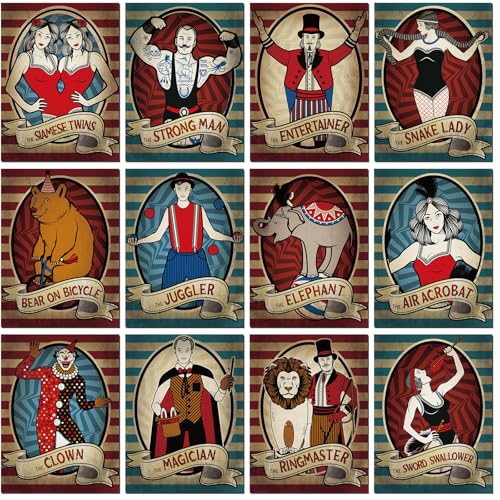 Motiskyy 12 PC Vintage Circus Poster Cutouts Set Circus Side Show Party Decor Carnival Party Supplies Fun Fair Themed Accessories for Carnival Themed Events Decoration