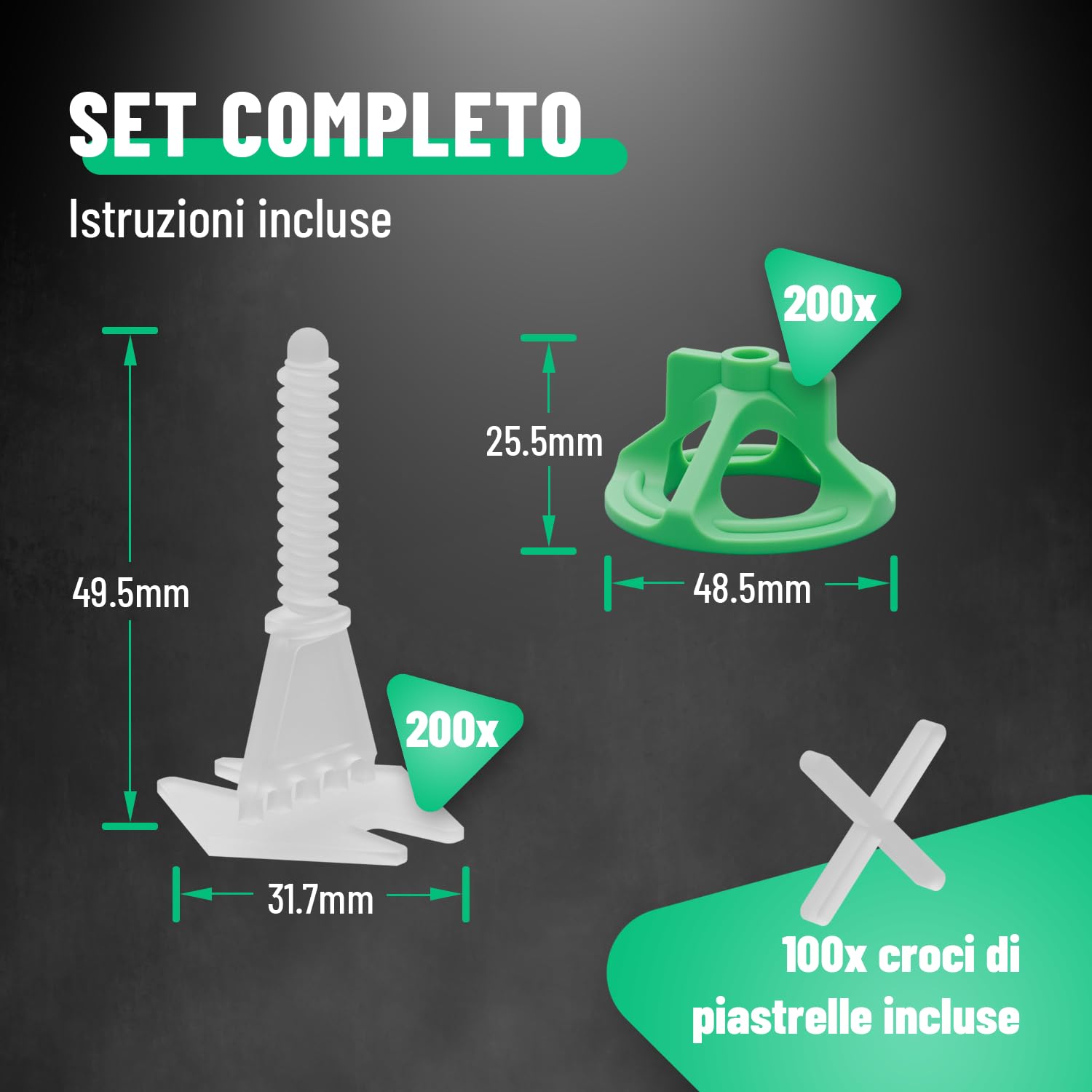 greate Sistema di livellatori per piastrelle da 500 Pezzi 2mm | Set per la Posa con 100 Clips, 100 Cappucci a Vite e 50 Crocette piastrellisti - distanziatori piastrelle 2 mm