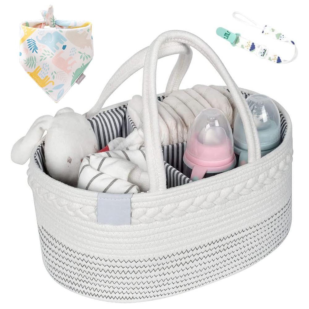 DMG Baby Diaper Caddy Organizer, Nursery Storage Basket for Boys & Girls,Cotton Rope Diaper Storage Basket, Large Bag & Car Bassinet with Removable Inserts, Nursery Storage Bin, 100% White Cotton