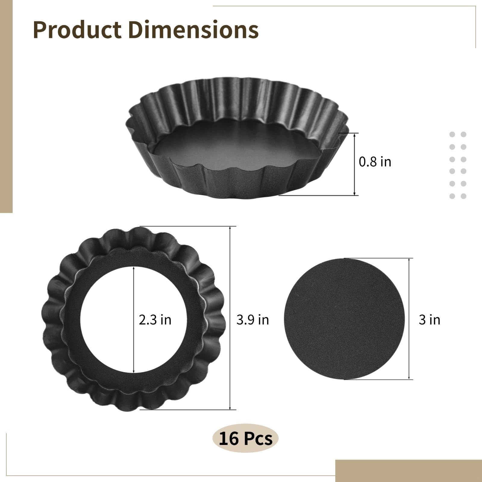 Lot de 16 mini moules à tarte ronds 3,9 moules de cuisson antiadhésifs cannelés avec fond amovible, moules à quiche et pizza en acier au carbone pour bonbons