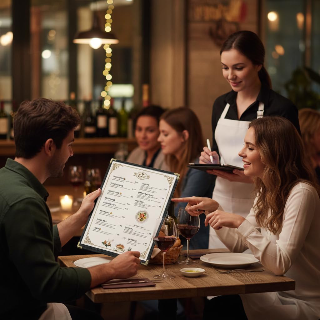 Paquete de 25 cubiertas de menú de 8.5 x 11 pulgadas, 2 soportes de menú de carga superior de una sola página, cubiertas de vinilo transparente para menú de restaurante con bordes de doble costura