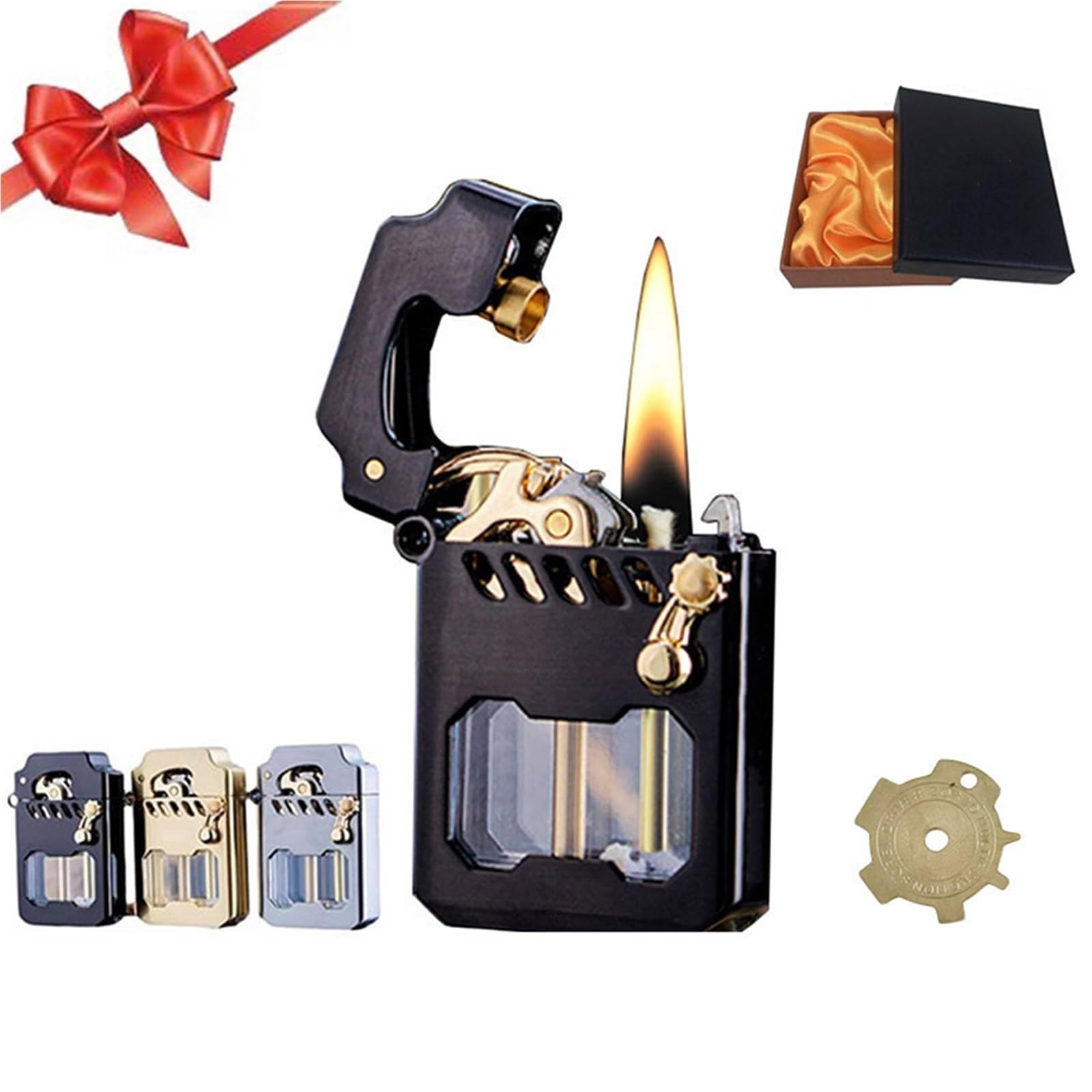 Encendedor de queroseno, de metal, resistente al viento, con tanque de aceite transparente, diseño vintage para acampar al aire libre, senderismo, pesca, idea de regalo, llama ajustable