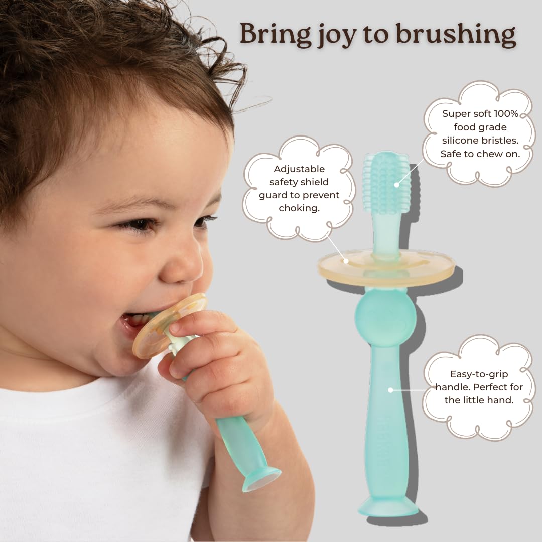 haakaa Spazzolino da denti in silicone a 360°, 100% morbido silicone per uso alimentare, senza BPA, base a ventosa, sicuro per bambini dai 6 mesi in su, pulizia delicata di gengive e denti per neonati
