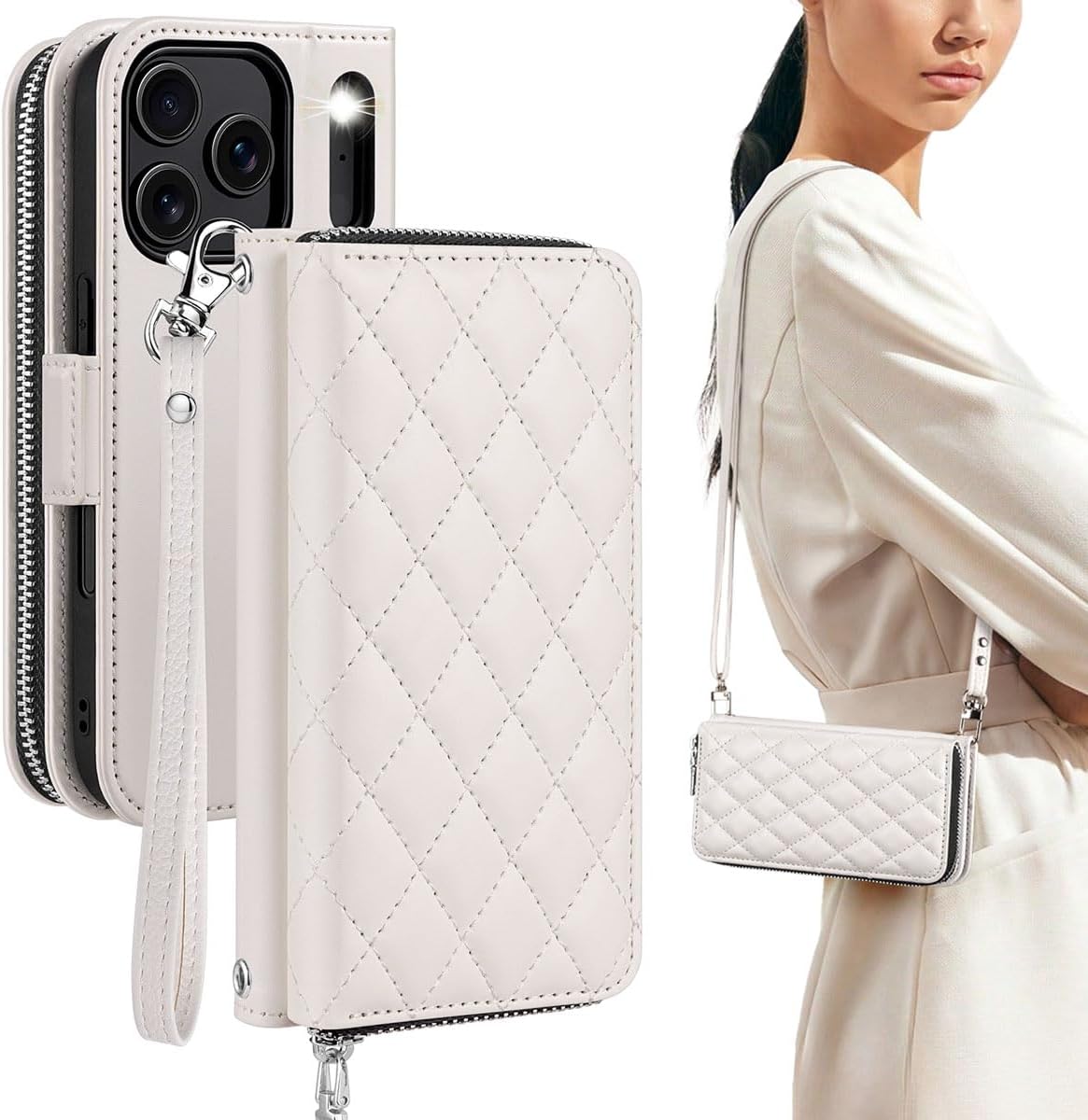 OCASE for iPhone 17 Pro Crossbody Wallet Case - Stylish PU Leather Handbag Phone Purse with Zipper Closure, 10 Card Slots & RFID Blocking - Wrist Strap, Lanyard, Kickstand - Diamond Check White Diamond Check White iPhone 17 Pro