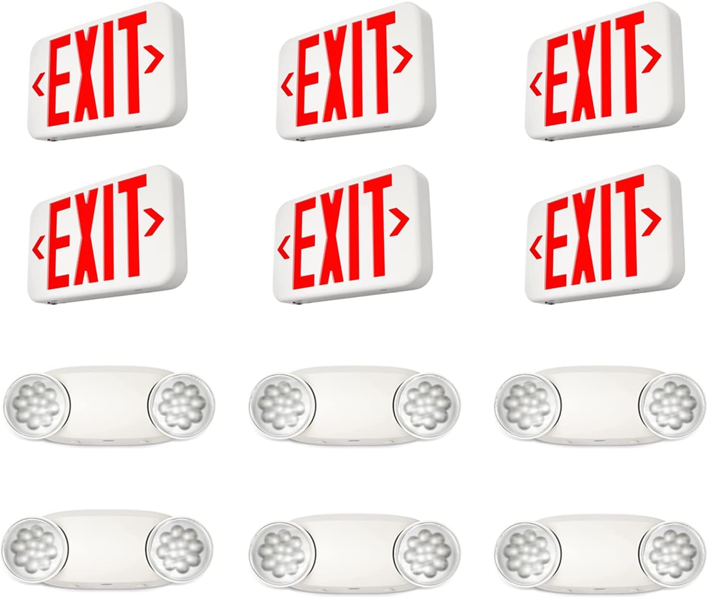 FREELICHT 6 Pack Emergency Light, Emergency Lights for Business + 6 Pack Red LED Exit Sign with Battery Backup