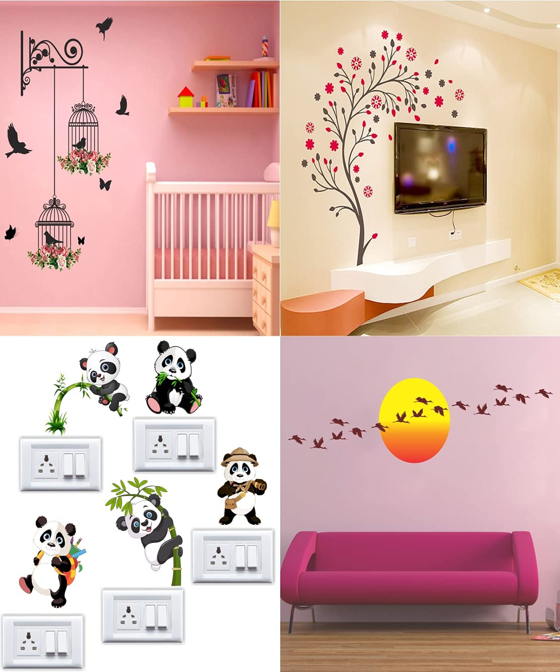 Ghar Kraft Set of 4 Vinyl Wall Sticker | Panda, Birds | Nature, Fantasy Style | PVC Vinyl Material | Wall Sticker