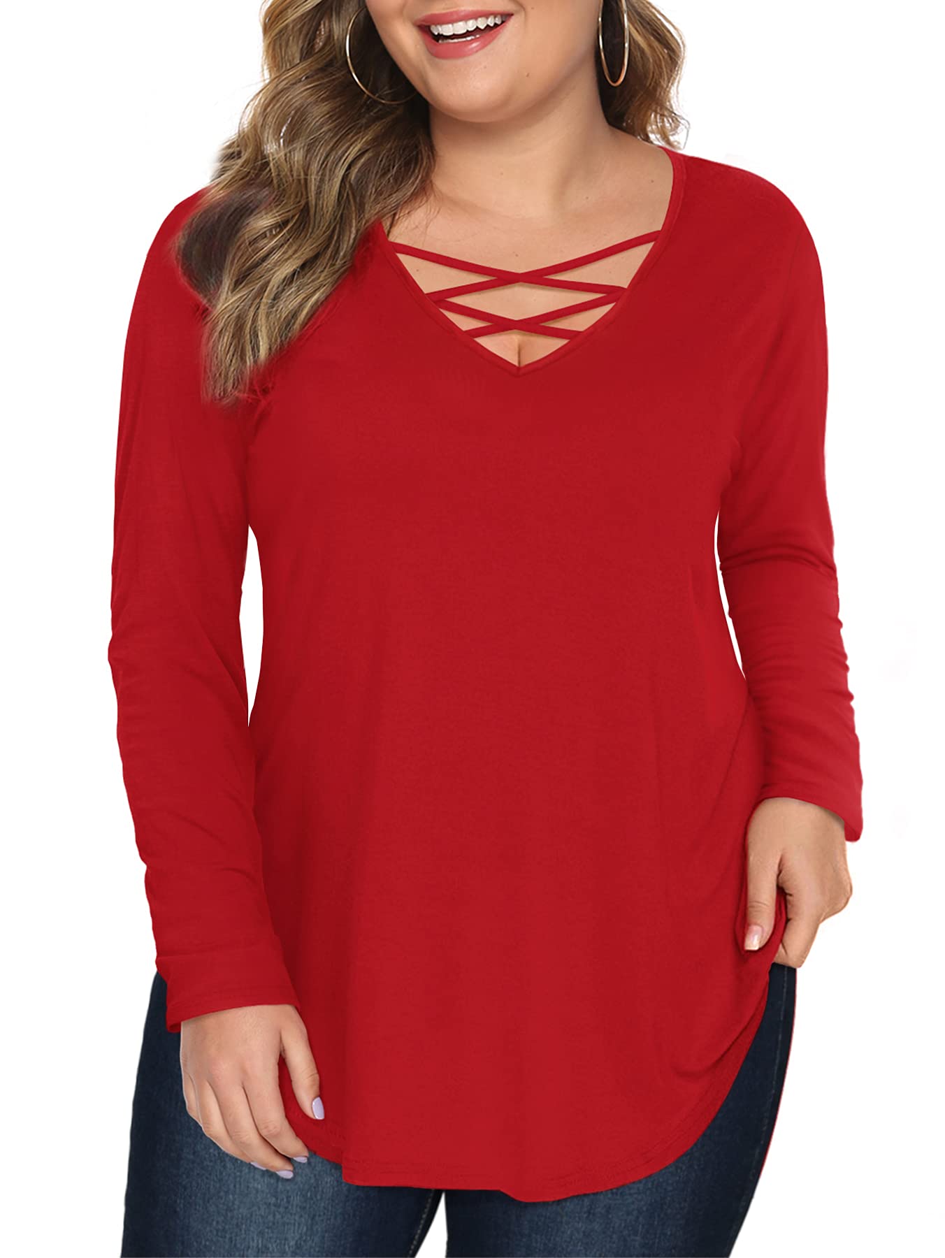 Amoretu Womens' Plus Size Tops with Long Sleeve Criss Cross Neck