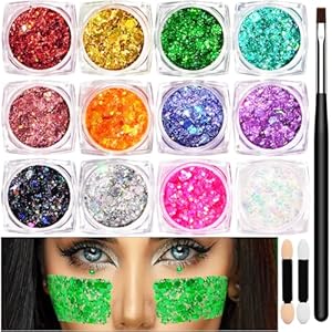 12 Colors Body Glitter Face Glitter Festival Makeup Hair Glitter Gel, Rave Glitter Gel for Body Hair Face Paint with Brush, Face Body Glitter Gel for Woman for Festival Carnival Party Christmas