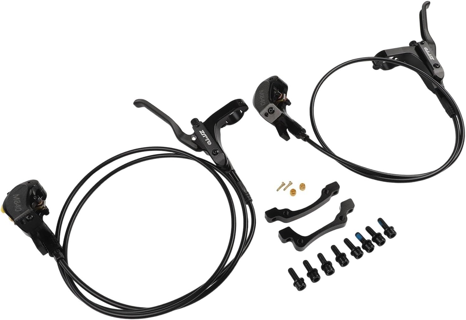 Bicycle Hydraulic Disc Brake Set with Four-Piston Calipers and Aluminum Alloy Construction for Mountain Bike Off-Road and Urban Riding Front/Rear Hose Included(Glod)