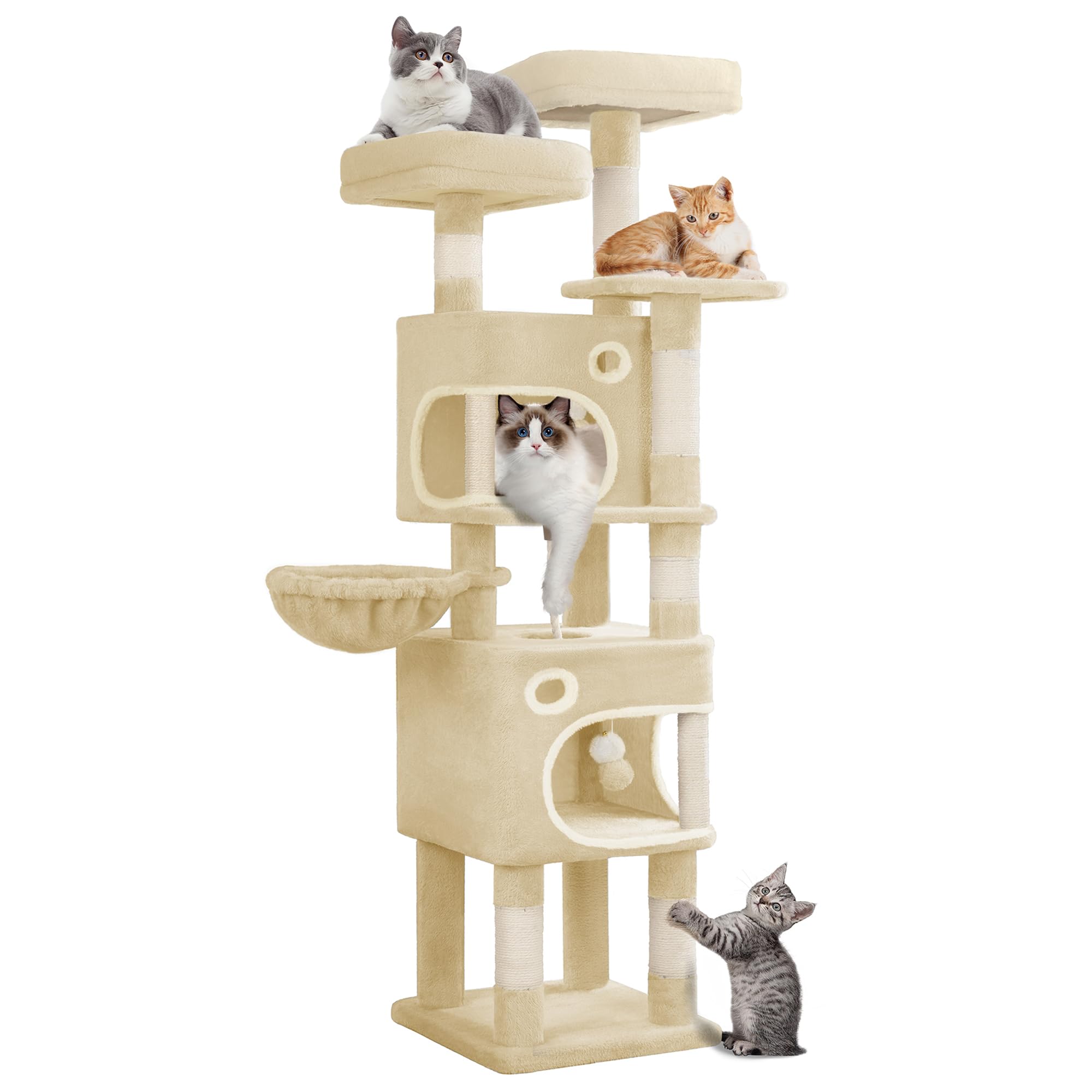 Hzuaneri 159 cm Cat Tree for Indoor Cats, Cat Tower, Multi-Level Cats Condo with 8 Scratching Posts, 3 Platforms, 2 Caves, Basket, Plush Balls, Sisal Rope, Anti-Tip Kit, Beige MS15918YL