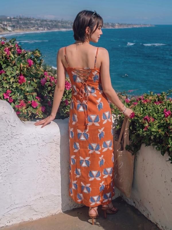 Image of Varanga Women's Rust Orange Batik Print Cotton Maxi Dress with Lace-Up Back