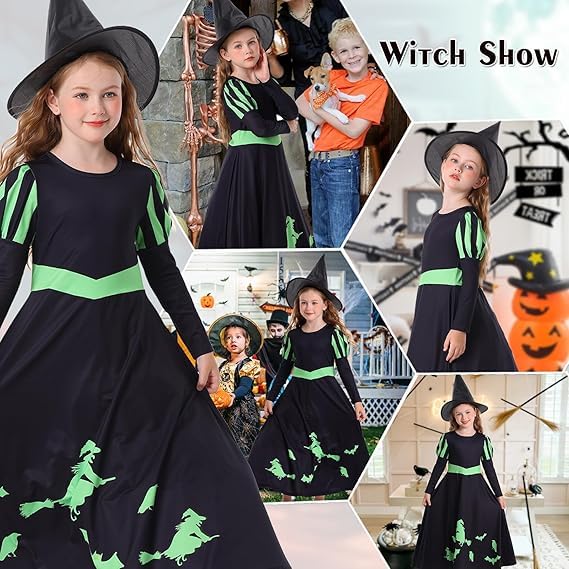 Marendyee Witch Costume Kids Christmas Fancy Dress Up for Girls with Witches Hat Green Gloves Set World Book Day Costumes Cosplay Puff Sleeves Swing Dresses Outfit 9-10 Years - Image 3