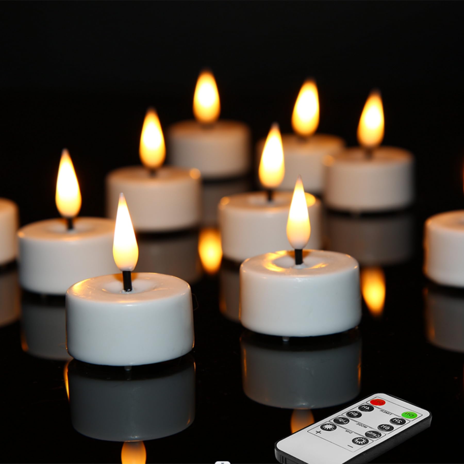 Eywamage White Flameless Wax Tealights with Remote Batteries, Flickering LED Tea Votive Candles Set of 10