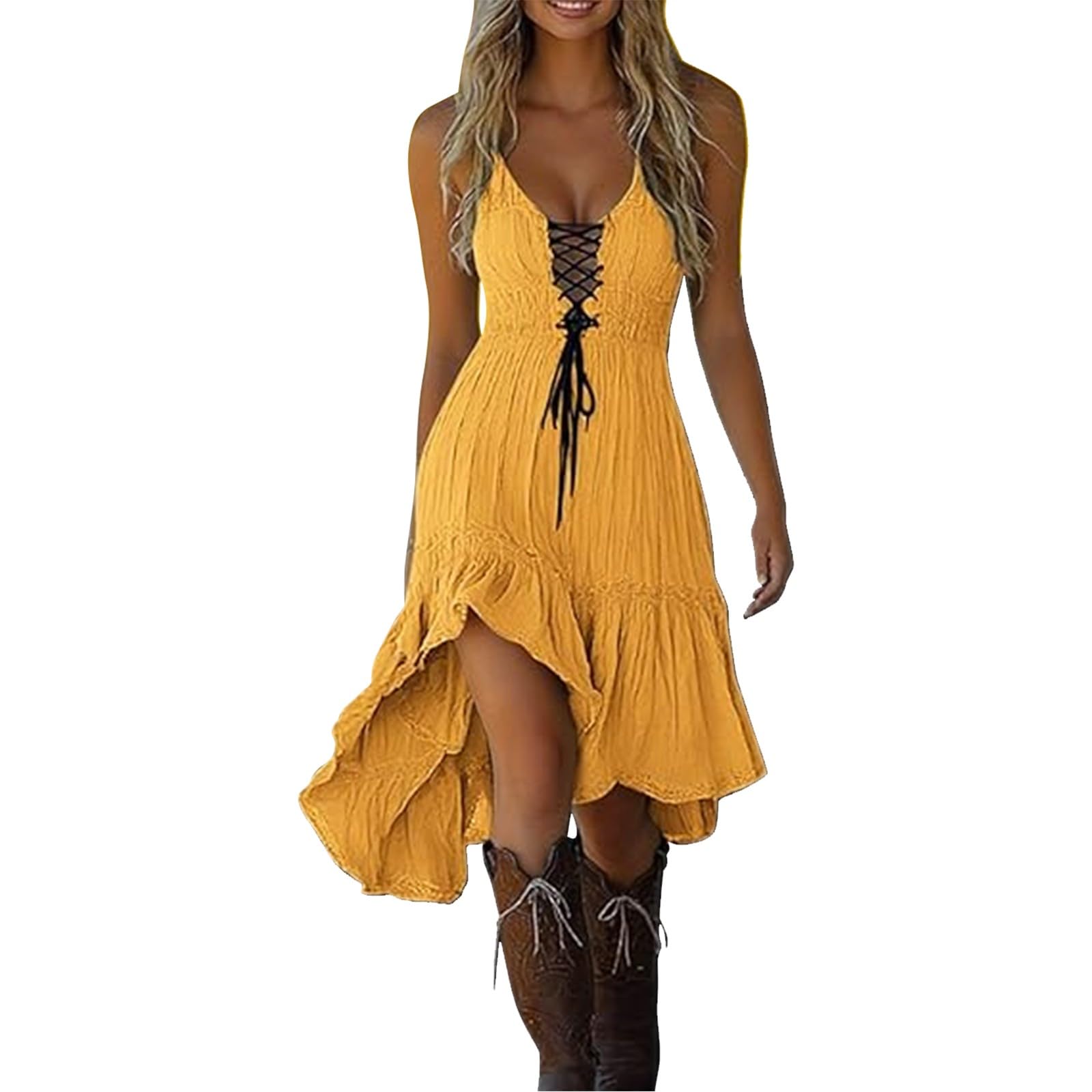 Yellow Women's Vintage Western Cowboy Denim Dress - Floral Lace Trim Off Shoulder Flare Dress Halloween Costume 70S Inspired Prairie Outfit Country Party Dresses Ladies Cowgirl Retro Cosplay Wear