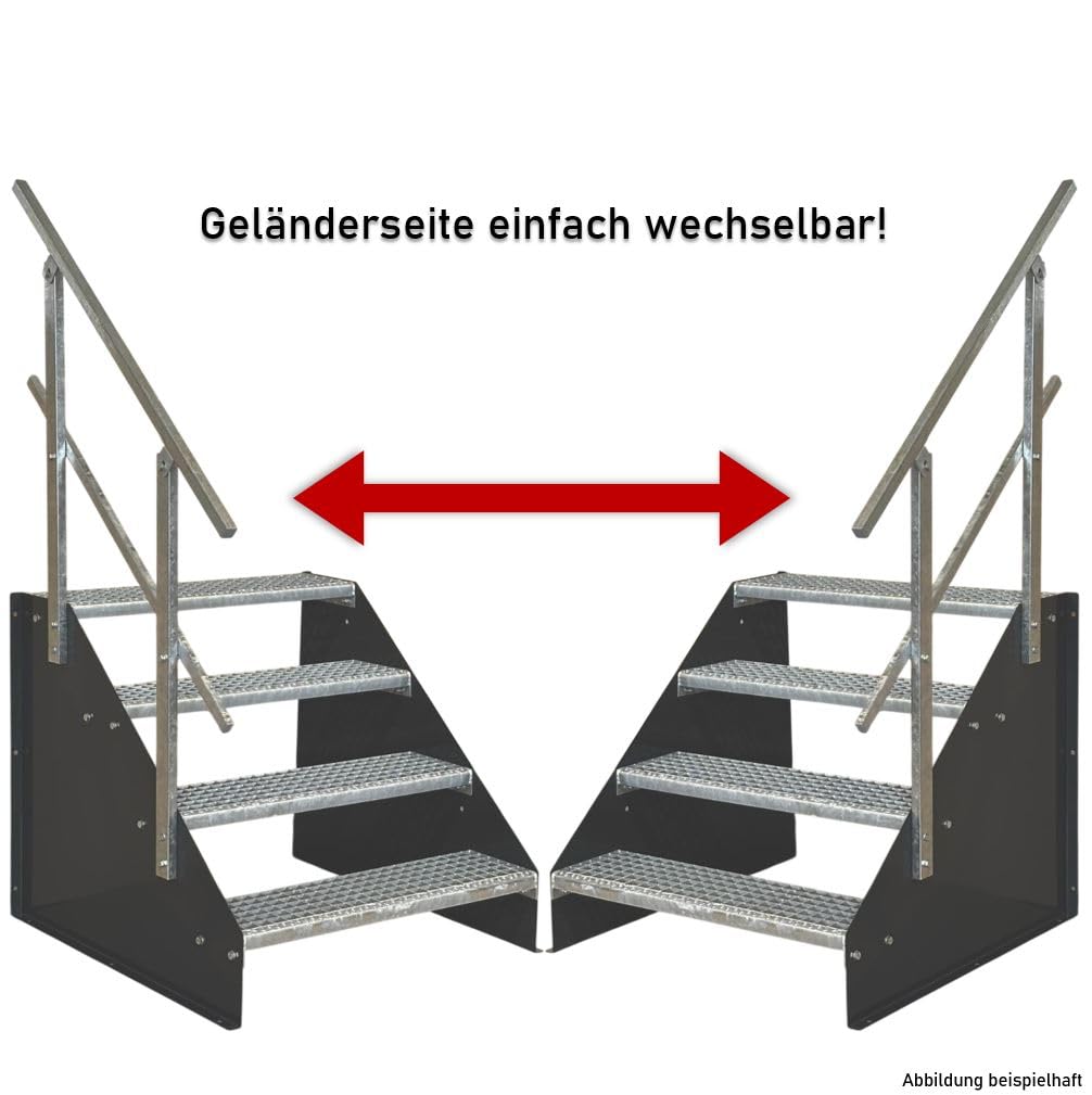 SRM Design 4 Stufen Standtreppe mit einseitigem Geländer Stahltreppe Wangentreppe Gitterrosttreppe Außentreppe Industrietreppe freistehend Breite 80 cm Höhe 84 cm anthrazit 1x Geländer