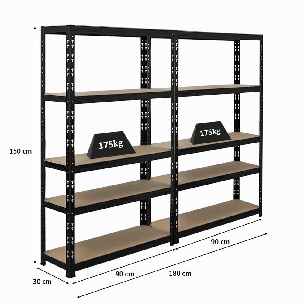 PROREGAL Mega Deal | 2x Scaffale per carichi pesanti APOLLO | AxLxP 150x90x30cm | Portata per ripiano 175kg | Nero