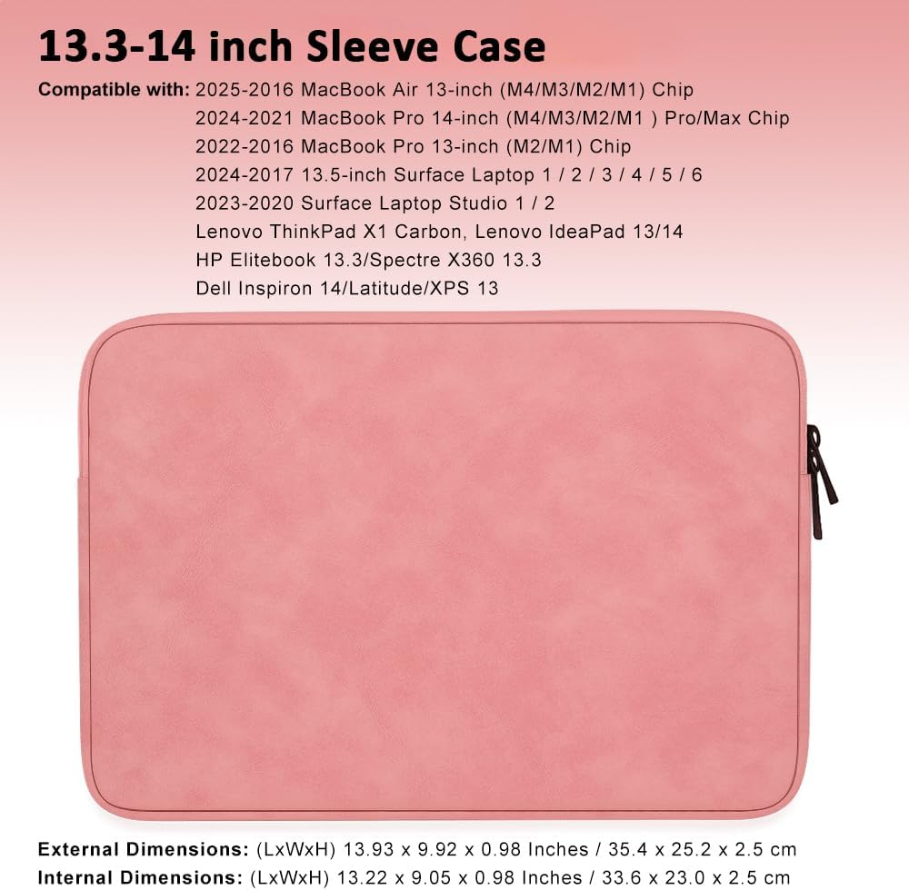 ProElife 13.3-14 Inch Sleeve Case for 2025-2021 MacBook Pro 14 inch/Air 13.6 inch with M4 M3, Lenovo, Surface, HP, Dell, Waterproof PU Leather Traveling Carrying Bag Cover Simple Case (Pink) - Image 2
