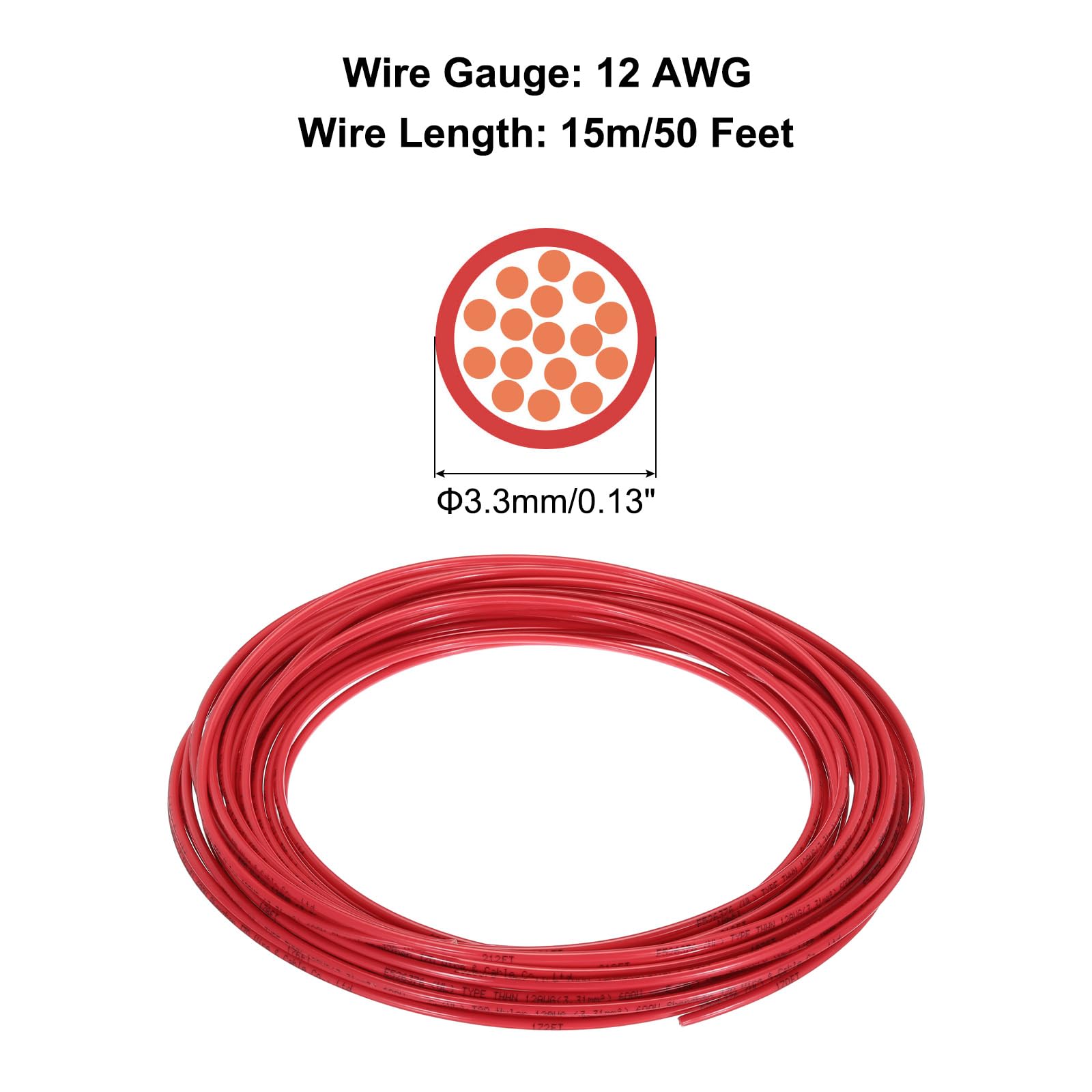 MECCANIXITY THHN Stranded Wire 50 Feet 12AWG Gauge Isolamento Building Wire - Cavo di rame UL Listed - PVC 600V Filo elettrico per residenziale, commerciale, industriale, messa a terra - Rosso