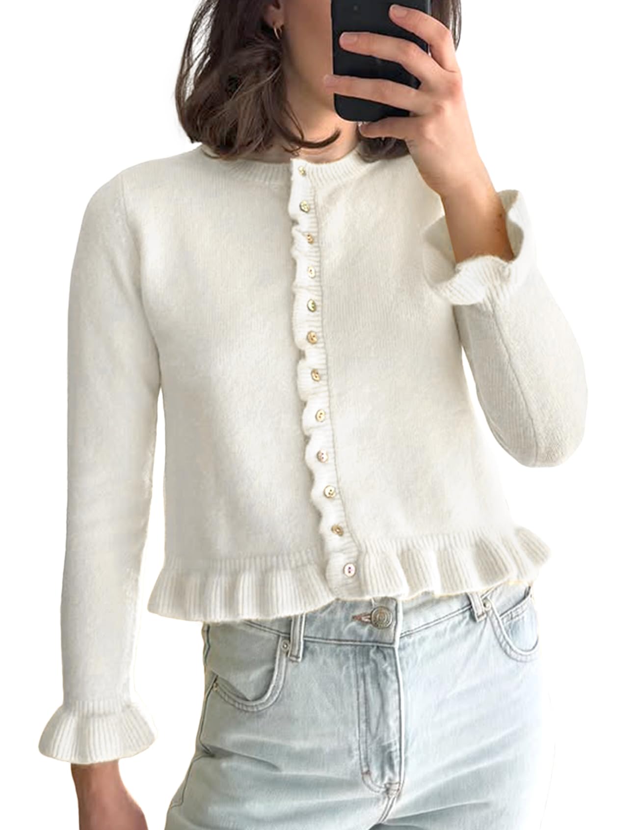 Wyeysyt Womens Cropped Cardigan Sweaters Ruffle Hem Crewneck Button Down Knit Fall Sweater Long Sleeve Soft Cardigan Tops