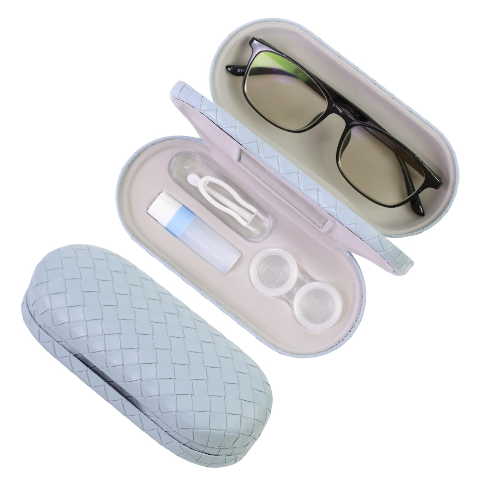 FlyingMage 2 in 1 Contact Lens Case and Eyeglasses Case for Women Men Kids, Double Sided Hard Shell Portable Glasses Travel Holder with Built-in