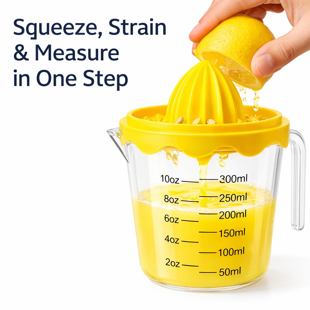Exprimidor y exprimidor de limón y lima y exprimidor de exprimir y colar cantidades medidas exprimir a mano Esprimidor exprimidor manual de jugo con asa 1 taza de medición 250 ml sin BPA