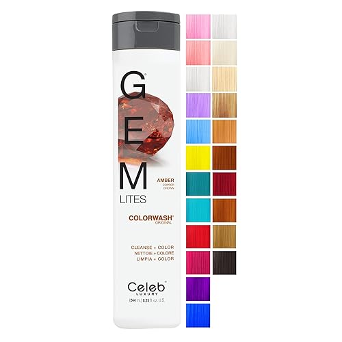 Celeb Luxury, Champú profesional semipermanente para depósitos de color para el cabello, Gem Lites Amber Colorwash, 8.25 onzas líquidas (paquete de