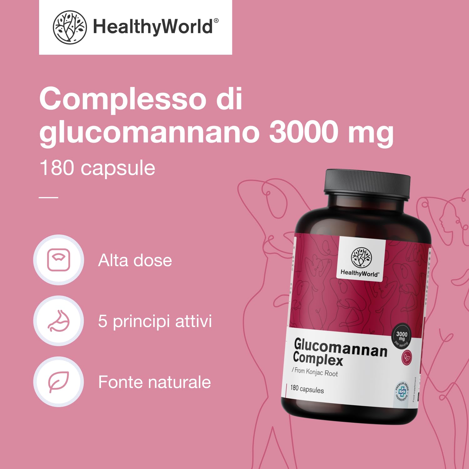 HealthyWorld Complesso di glucomannano 3000 mg – Dalla Radice di Konjac - 180 capsule - Con aggiunta di Colina, Cromo, Vitamine D3 e B3 - Senza OGM - Scorta per 1 mese
