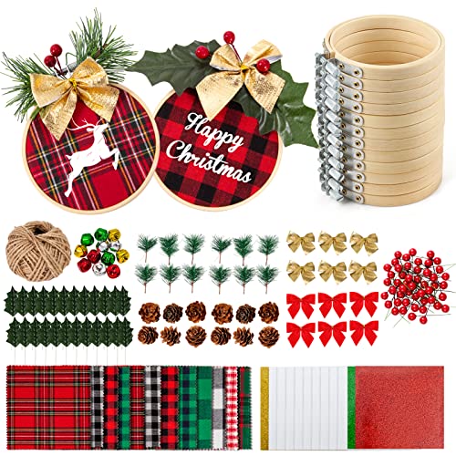 Caydo 12 Pack Christmas Ornament DIY Craft Kit Includes 3 Inch Bamboo Embroidery Hoops, Christmas Plaid Fabric, Mini Pine Cones, Artificial Pine Needle and Small Berries for Christmas DIY Decor