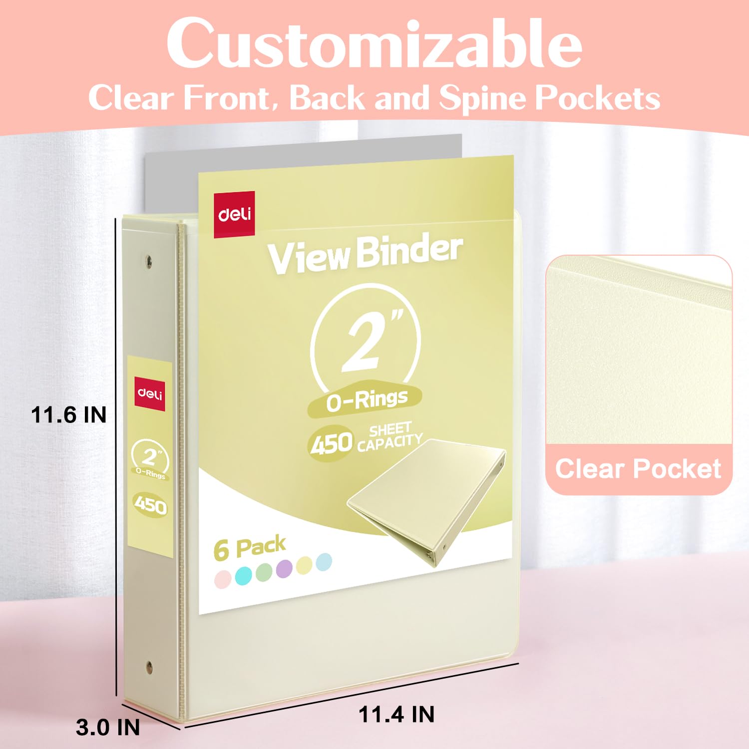 Deli Lot de 6 classeurs à 3 anneaux de 5,1 cm, sans PVC (pour 21,6 x 27,9 cm), couleurs pastel assorties