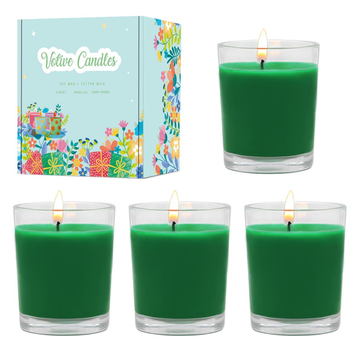 4 Packs Unscented Green Votive Candles in Glass Small Natural Soy Wax Colored Candles for Home Party Dinner Table St. Patrick's Day Decoration