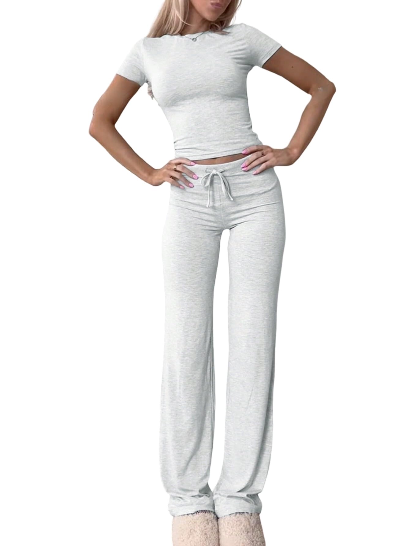 MARZXIN Women's 2 Piece Lounge Sets Straight Leg Pants Set Short Sleeve Crewneck Crop Tops and Long Pants Tracksuit Outfits