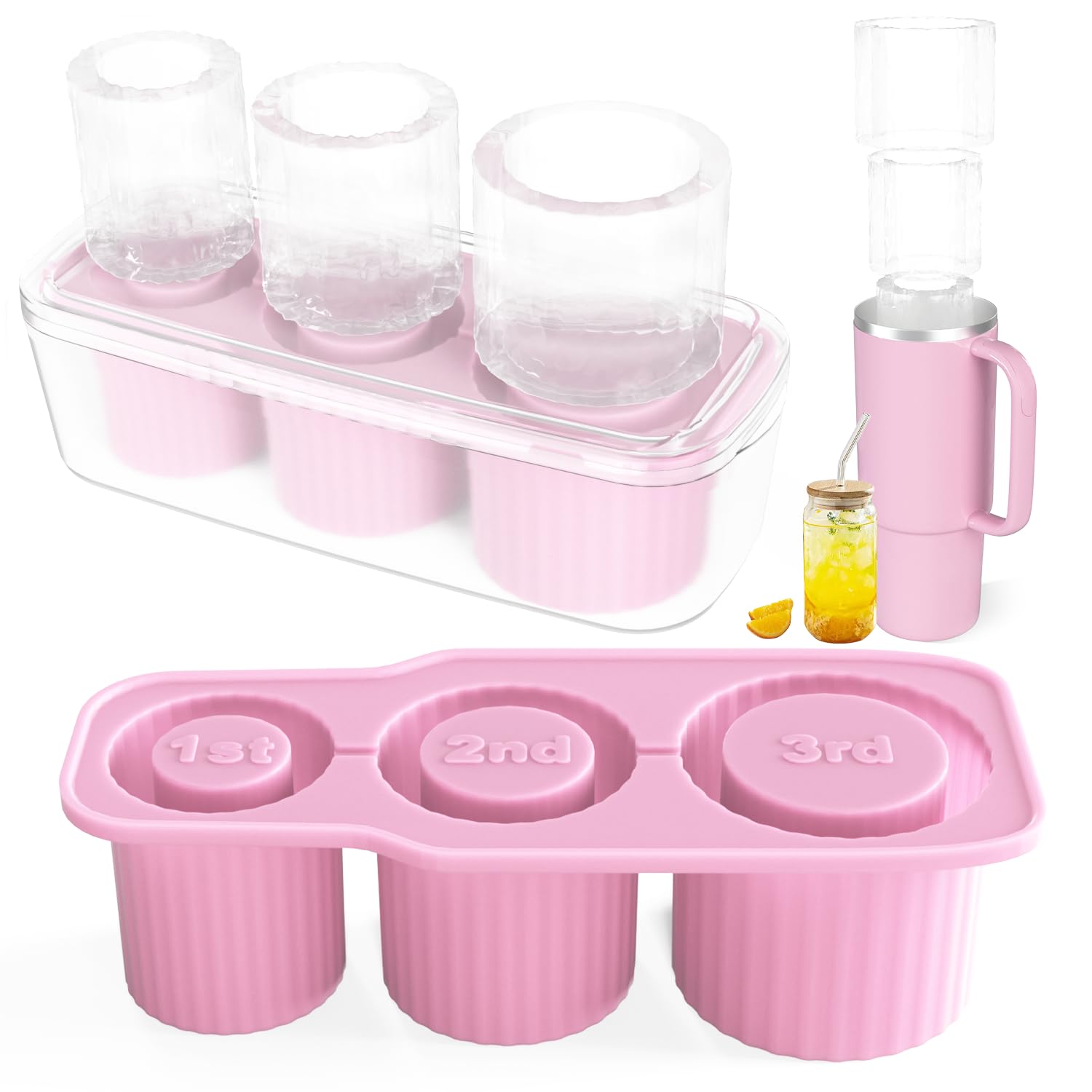 RuRu monkey Ice Mold for Stanley Cup, Silicone Ice Cube Tray with Lid and Bin for 20 30 40 oz Tumbler Cup, Cylinder Ice Maker for Drinks, Coffee and Cocktails, Whiskey, Easy to Release (Pink)