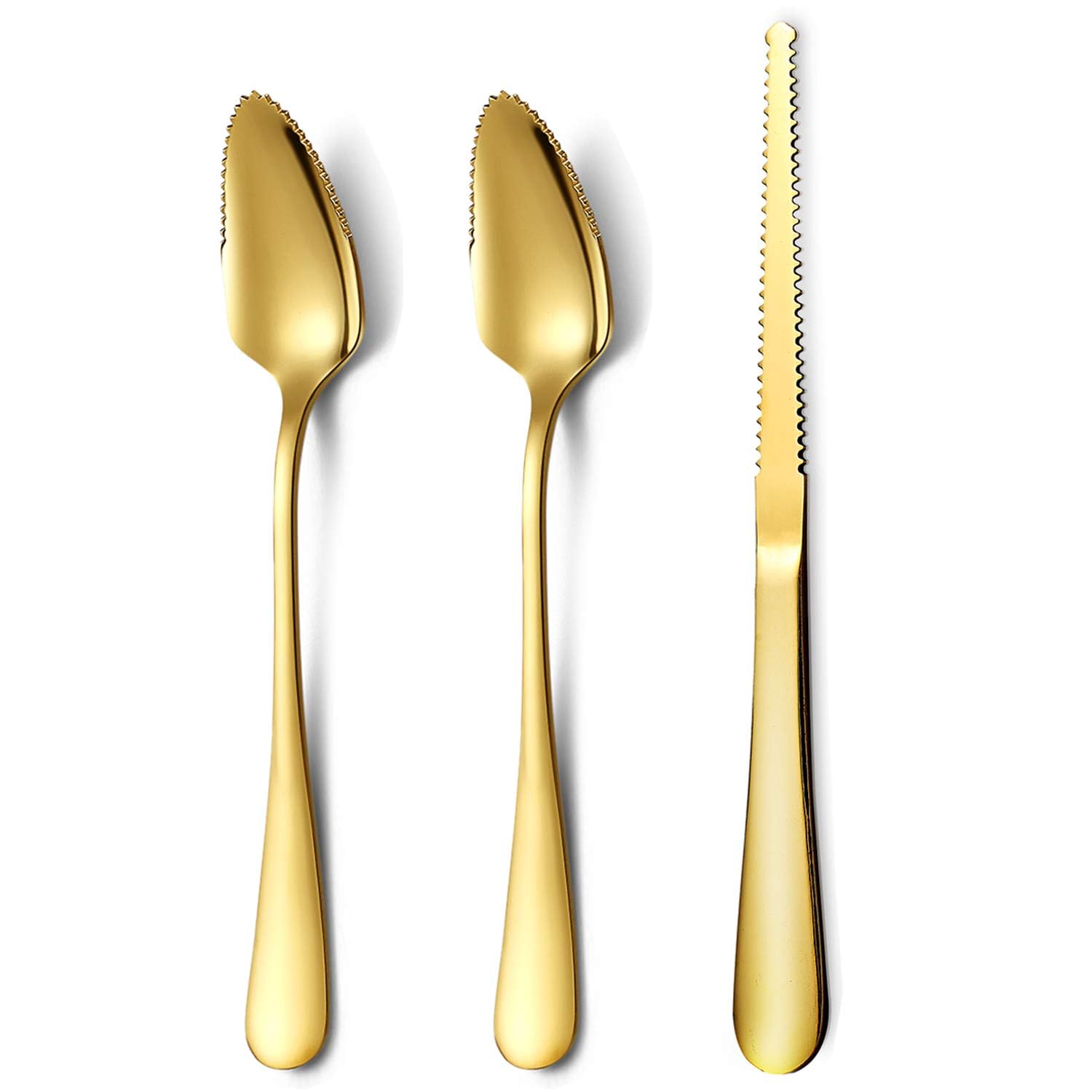 Homquen Gold Grapefruit Spoons 3 Pieces Set, 2 Stainless Steel Grapefruit Spoon and 1 Grapefruit Knife with Titanium Plating, Grapefruit Utensil Set, Serrated Edges Spoon Pack of 3 (Gold)