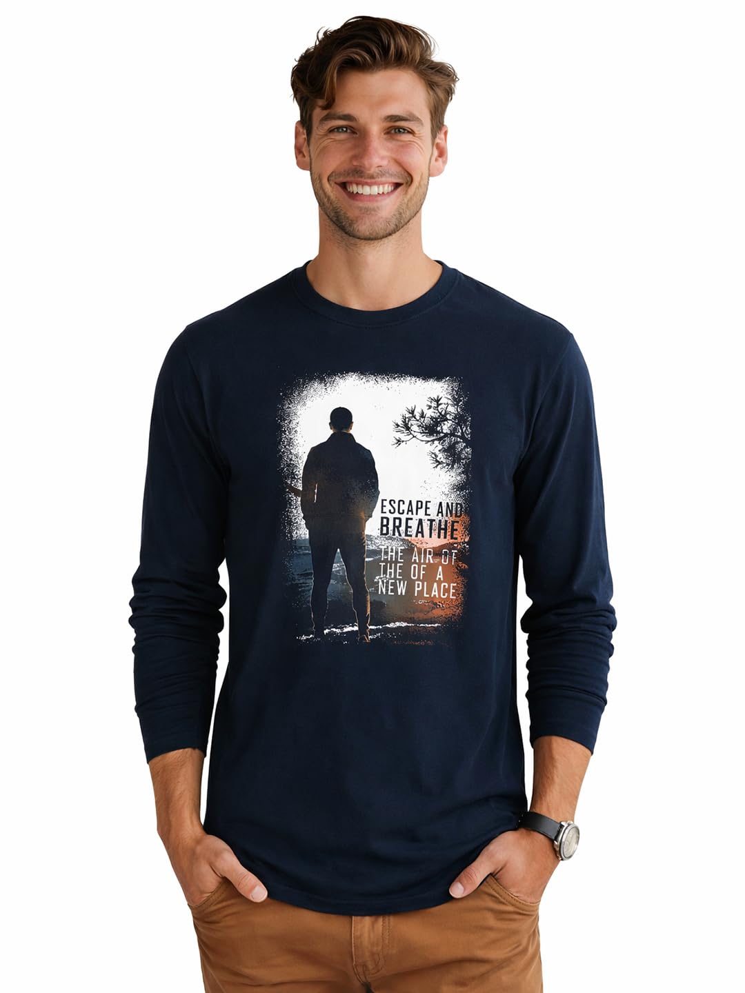 bewakoof Men's Make Tracks Graphic Print Blue Polo Long Sleeve T-Shirt-picture-35