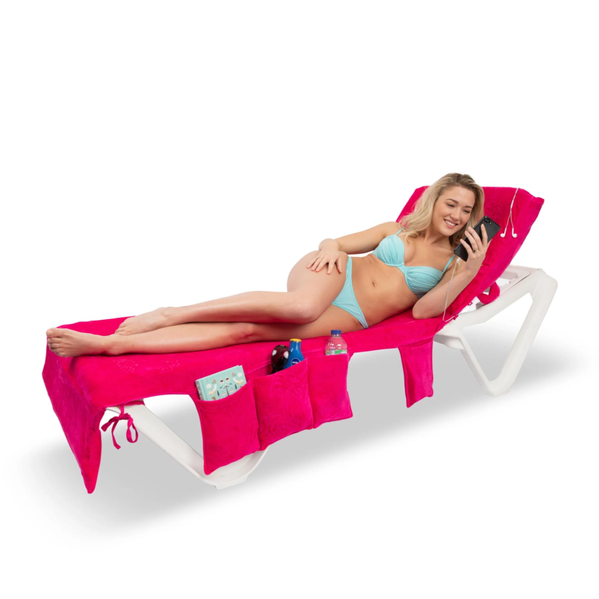 ITSAVelour Beach Towel with Pockets & Handles | 100% Cotton Foldable Sun Lounger Cover | Carry Bag | Secure Storage Beach Towel (Coral Pink)