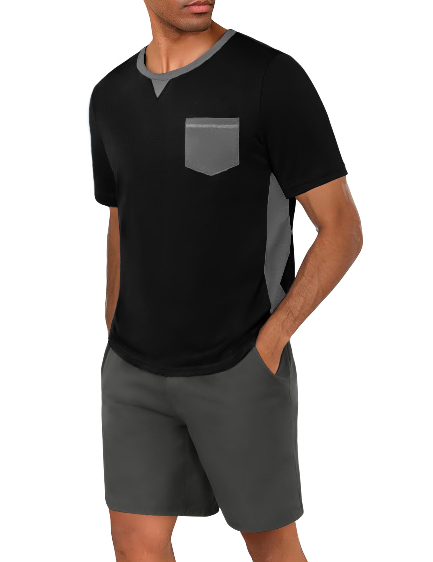 Marvmys Schlafanzug Herren Kurzarm Baumwolle Sommer PyjamaSet V-Ausschnitt Shorts
