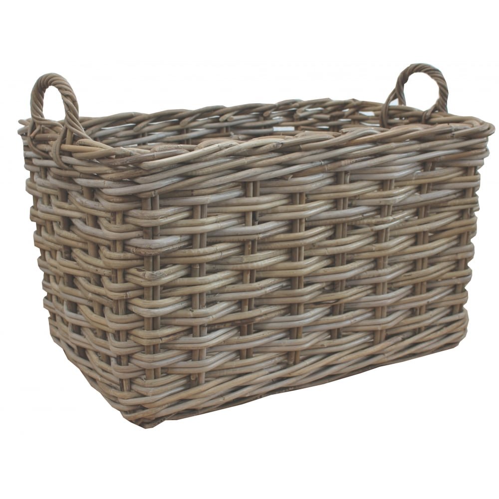Grey & Buff Rattan Rectangular Wicker Log Storage Basket Small