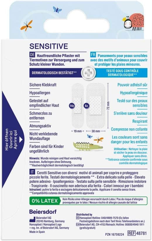 Hansaplast Kinderpflaster Sensitive (20 Strips), Wundpflaster mit niedlichen Tiermotiven zum Aufmuntern, schmerzlos zu entfernendes Pflaster Set
