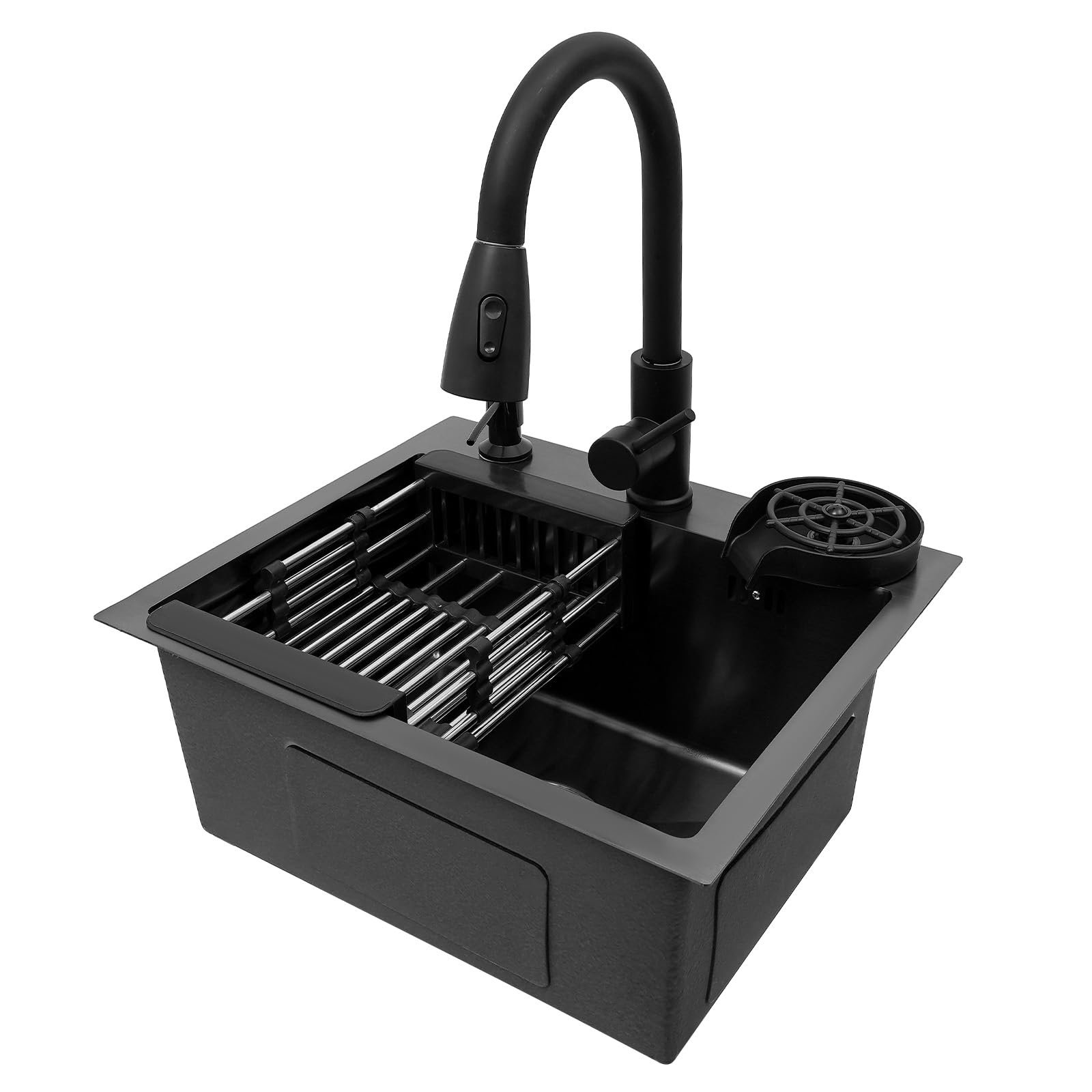 Lavello in acciaio inox nero con rubinetto estraibile e lavastoviglie per tazze, set di lavello multifunzione, 42 x 37 x 20 cm