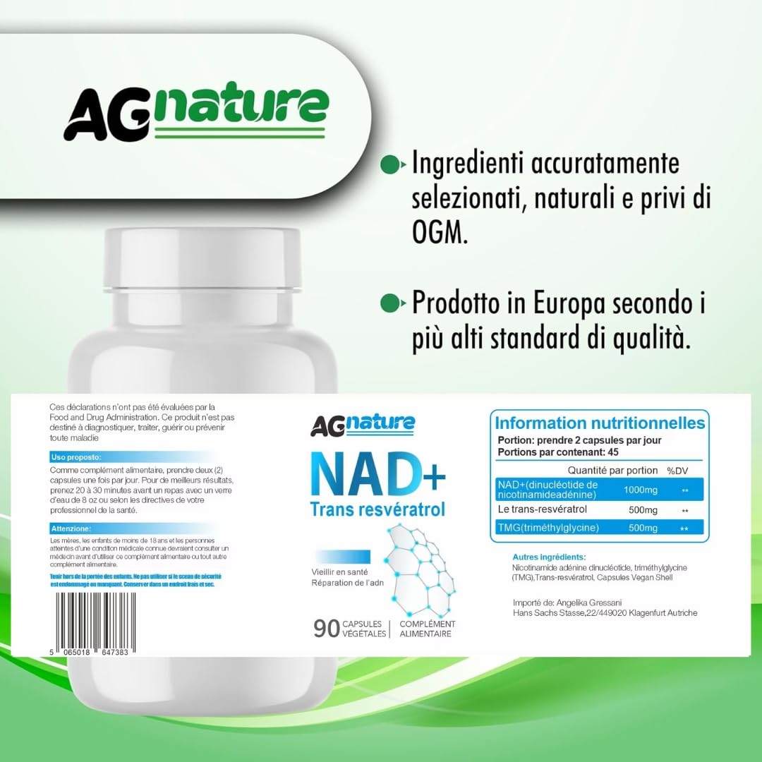 NAD Complément à base de Nicotinamide Pure 90 Gélules 1000 mg – Complexe Anti-Âge et Anti-Fatigue avec Niacine, Trans-Resvératrol et Triméthylglycine