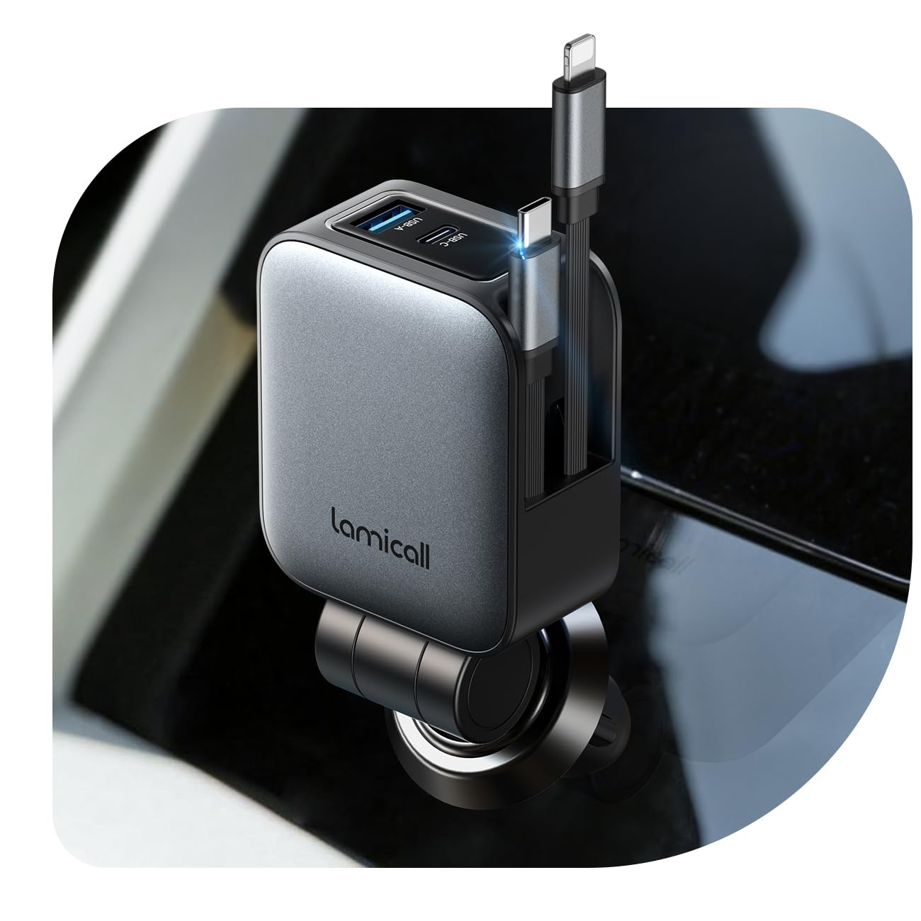Lamicall 4-IN-1 Caricatore Auto Ricarica Rapida - [2 Cavi Retrattili] 75W Accendisigari USB C, 180° Pieghevole Adattatore Accendisigari, con Cavo Type-C/Cavo iPhone, Porta USB-C/A, per iPhone/Samsung