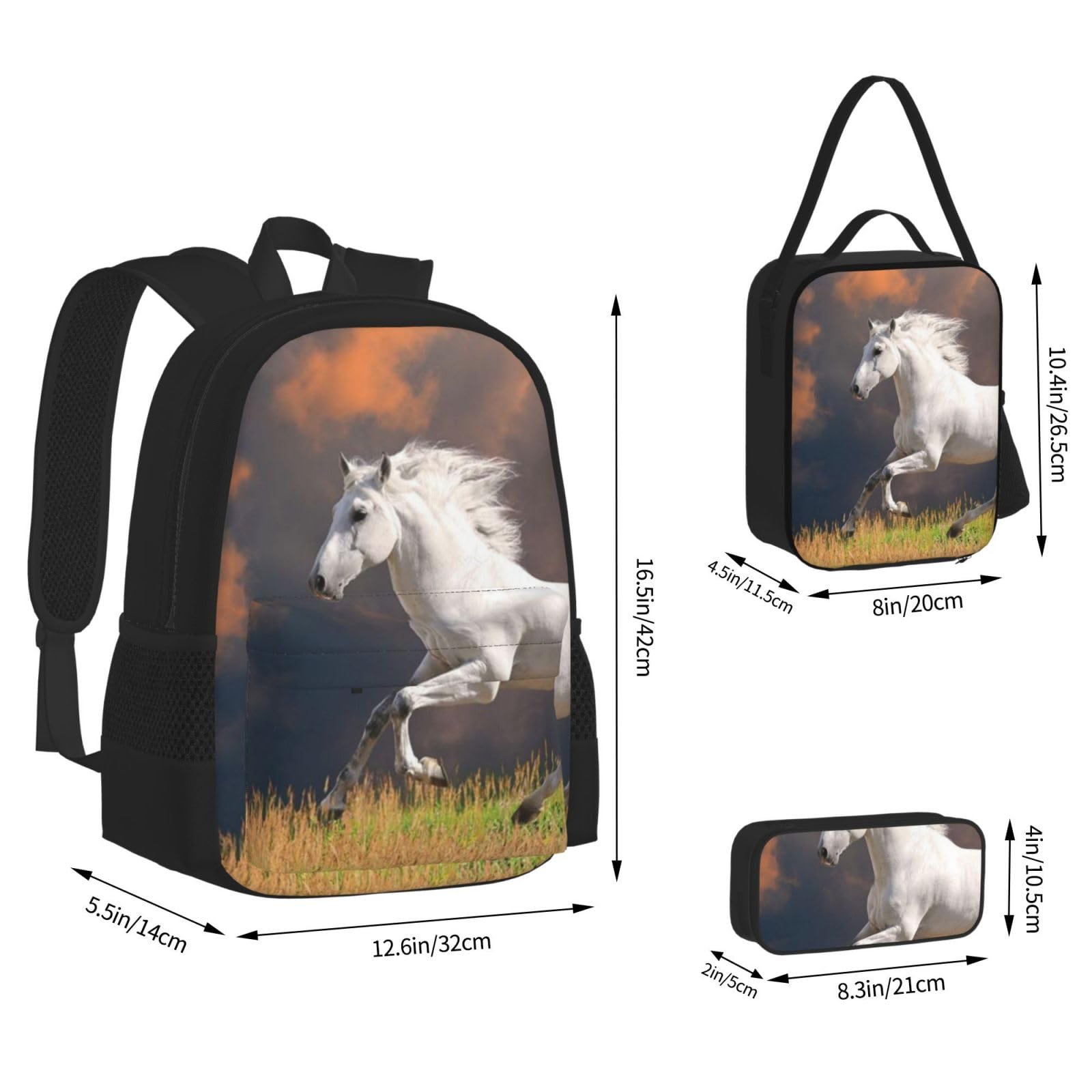 YSOLDA Juego de mochila, mochila escolar, mochila, juego de 3 piezas con bolsa de almuerzo, estuche para lápices,Patrón de caballos blancos
