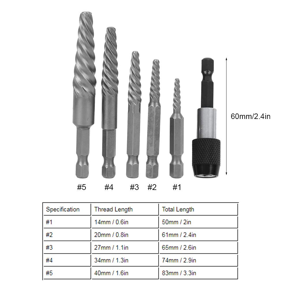 6pcs Broken Screw Extractor Hex Shank Coarse Teeth Damaged Bolts Remover Set, High Hardness Steel, Thread Length from 14mm to 40mm